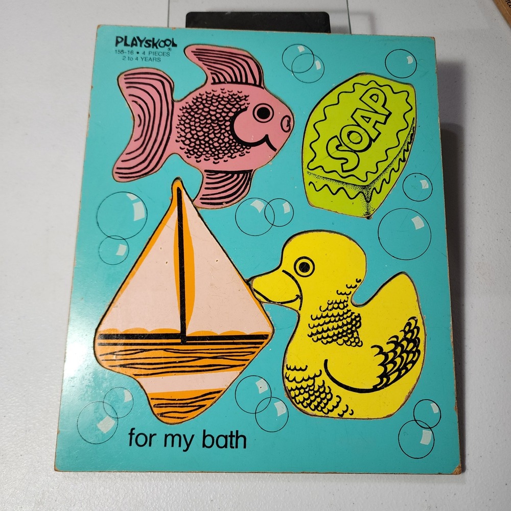 Vintage Playskool Wooden Inlay Puzzle For My Bath 155-16 4 Pieces Fish Duck Soap